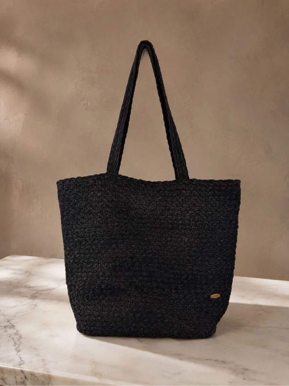 Cappelli Straworld Black Woven Straw Tote Beach Bag Large Zip Top